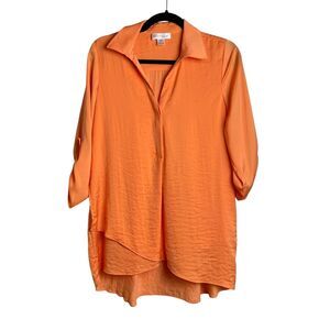 Renuar Blouse Womens Small Orange Layered Tunic Roll Tab Sleeve Lightweight Top
